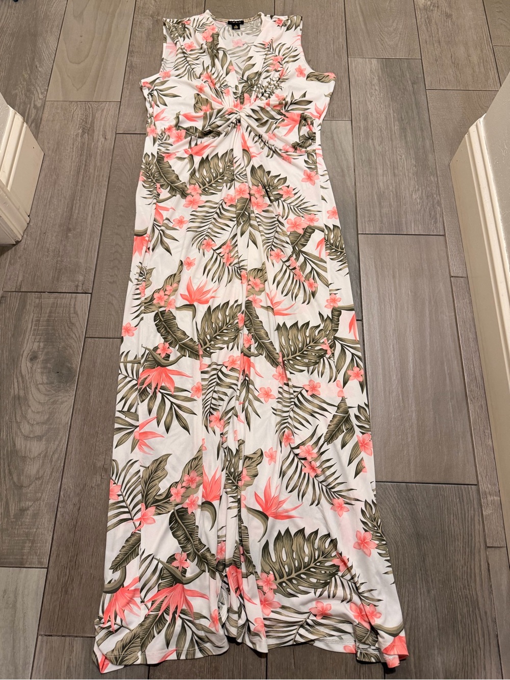 IMAN Coral Floral Maxi Dress with Olive Palm Print - Picture 3 of 9